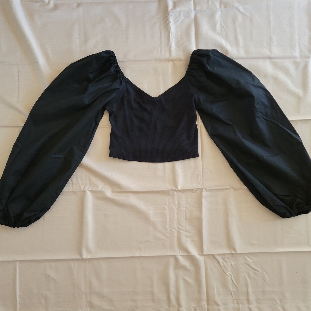 A&F Sweetheart Neck Square Back Puff Sleeve Mixed Material Crop Top XS
